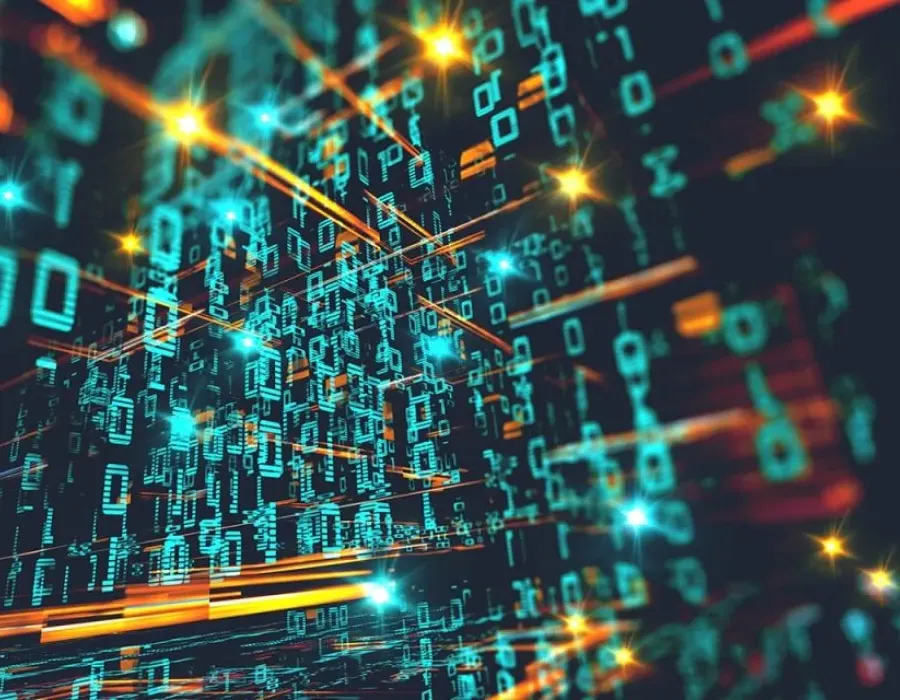 Graphical representation of a computer system with symbols and binary code